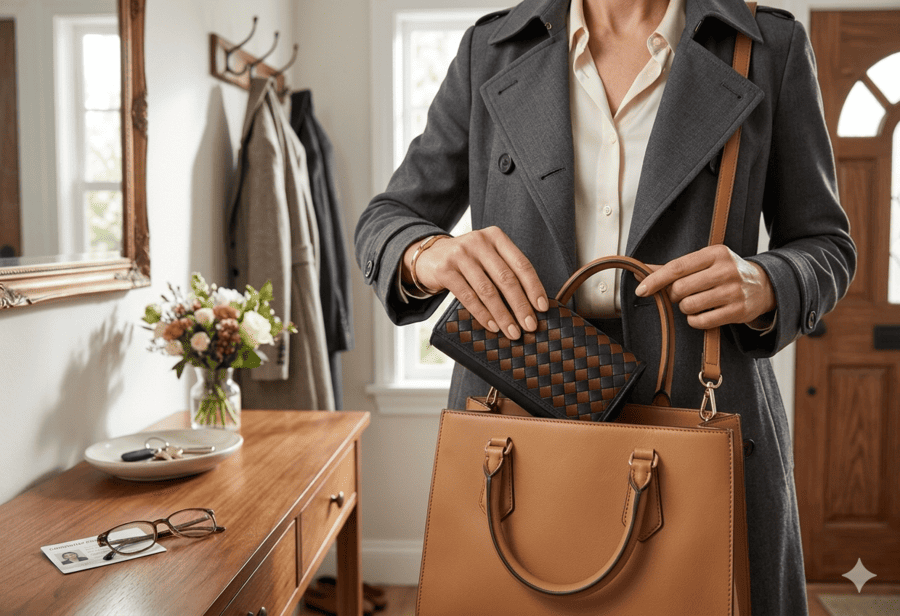 žena dáva peňaženku do kabelky mk